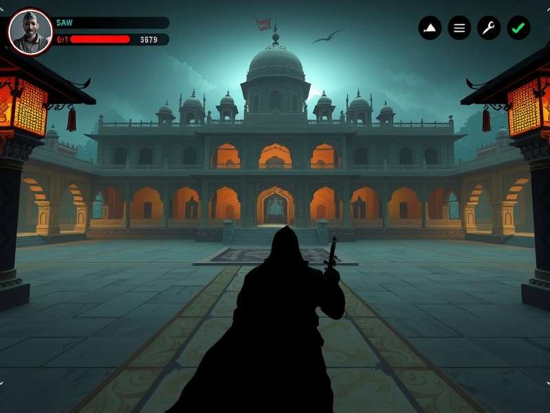 Shadow Odysseys India Game Interface showing stealth gameplay in a traditional Indian palace setting at night